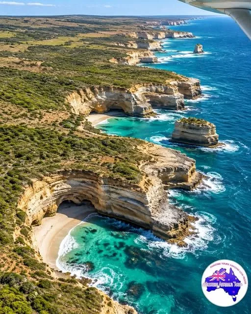 Aerial view of the Twelve Apostles and Great Ocean Road coastline